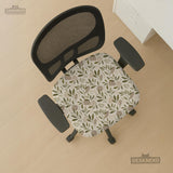 Sage and cream leaf print chair covers shown as full chair cover, back and seat cover, seat cover, and armrest covers for a high back desk chair.