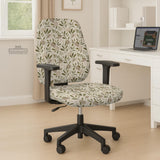 Sage and cream leaf print chair covers shown as full chair cover, back and seat cover, seat cover, and armrest covers for a high back desk chair.