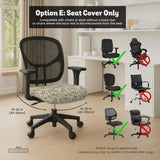 Sage and cream leaf print chair covers shown as full chair cover, back and seat cover, seat cover, and armrest covers for a high back desk chair.