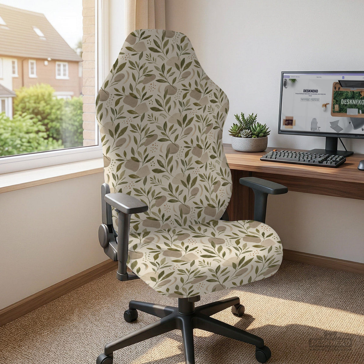 Sage and cream leaf print chair covers shown as full chair cover, back and seat cover, seat cover, and armrest covers for a high back desk chair.