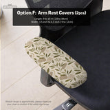 Sage and cream leaf print chair covers shown as full chair cover, back and seat cover, seat cover, and armrest covers for a high back desk chair.