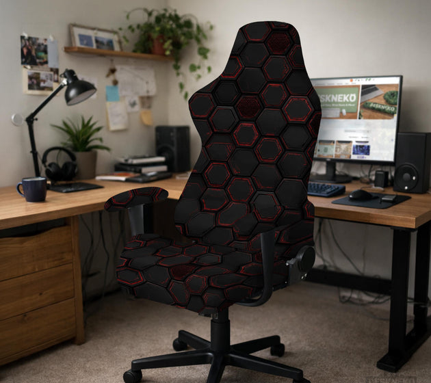 Black chair cover with a dark red geometric pattern shown on an office chair, with a fitted stretch look.
