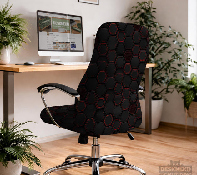 Black chair cover with a dark red geometric pattern shown on an office chair, with a fitted stretch look.