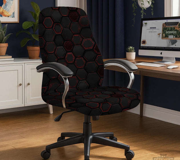 Black chair cover with a dark red geometric pattern shown on an office chair, with a fitted stretch look.