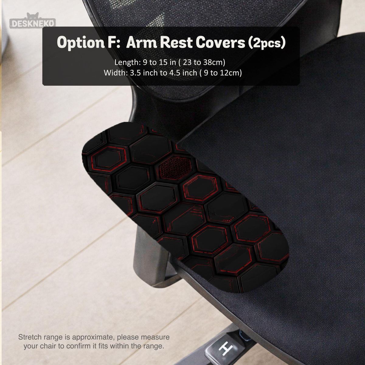 Black chair cover with a dark red geometric pattern shown on an office chair, with a fitted stretch look.