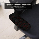Black chair cover with a dark red geometric pattern shown on an office chair, with a fitted stretch look.