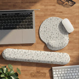Ivory mouse pad and keyboard wrist rest with delicate wildflower line art in sage, taupe, and cream tones.