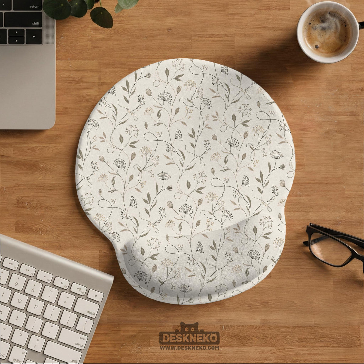 Ivory mouse pad and keyboard wrist rest with delicate wildflower line art in sage, taupe, and cream tones.