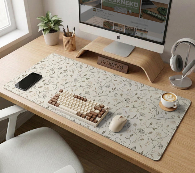 Ivory desk mat with delicate sage and taupe vine and floral artwork on a neutral background.