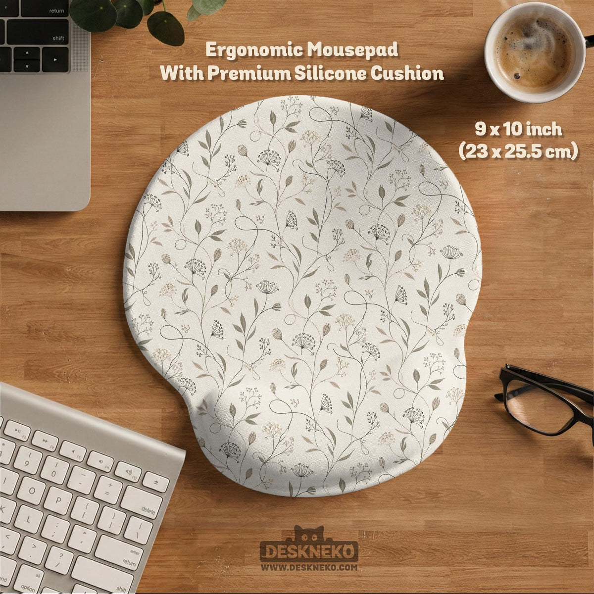 Ivory mouse pad and keyboard wrist rest with delicate wildflower line art in sage, taupe, and cream tones.