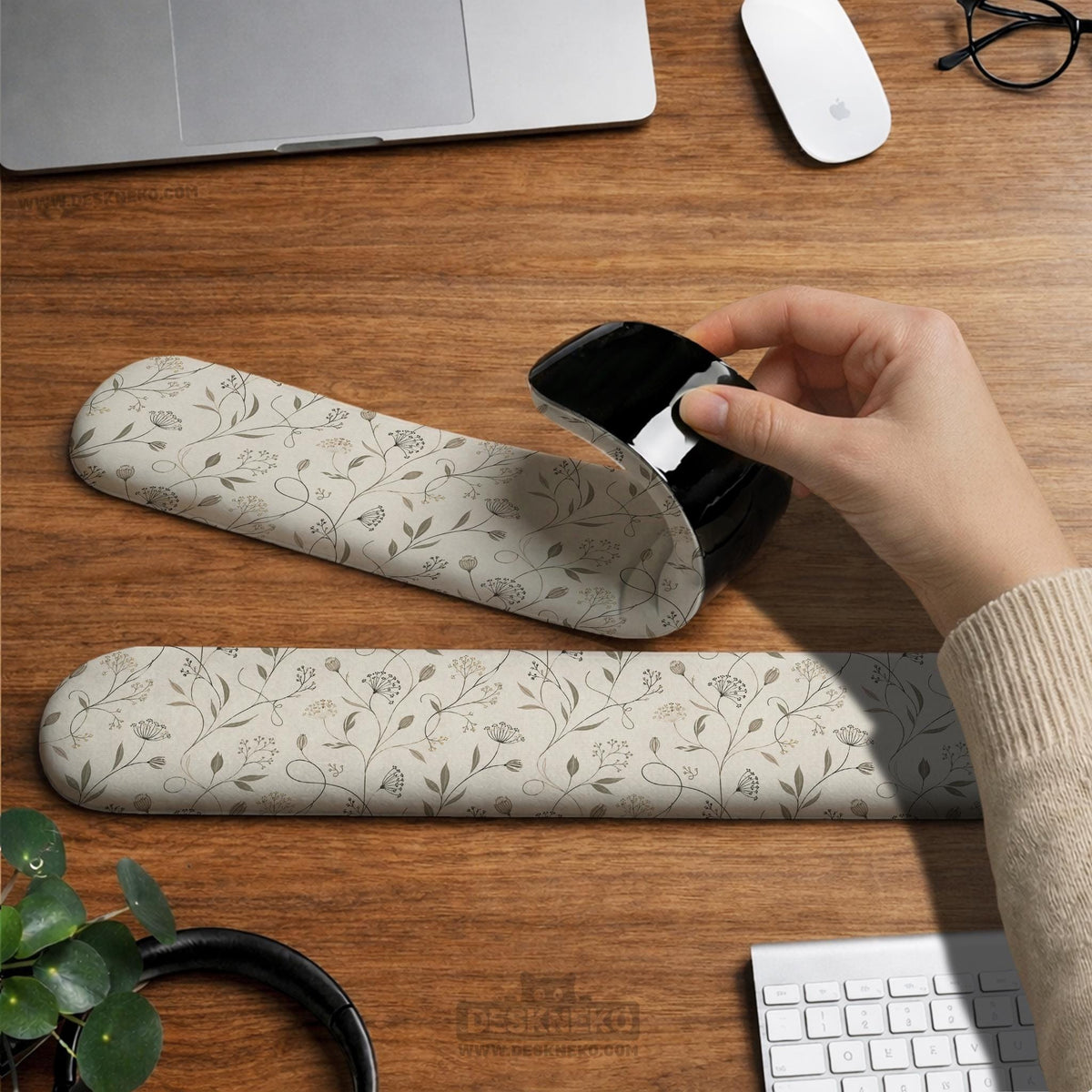Ivory mouse pad and keyboard wrist rest with delicate wildflower line art in sage, taupe, and cream tones.