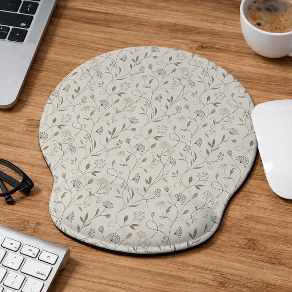 Ivory mouse pad and keyboard wrist rest with delicate wildflower line art in sage, taupe, and cream tones.