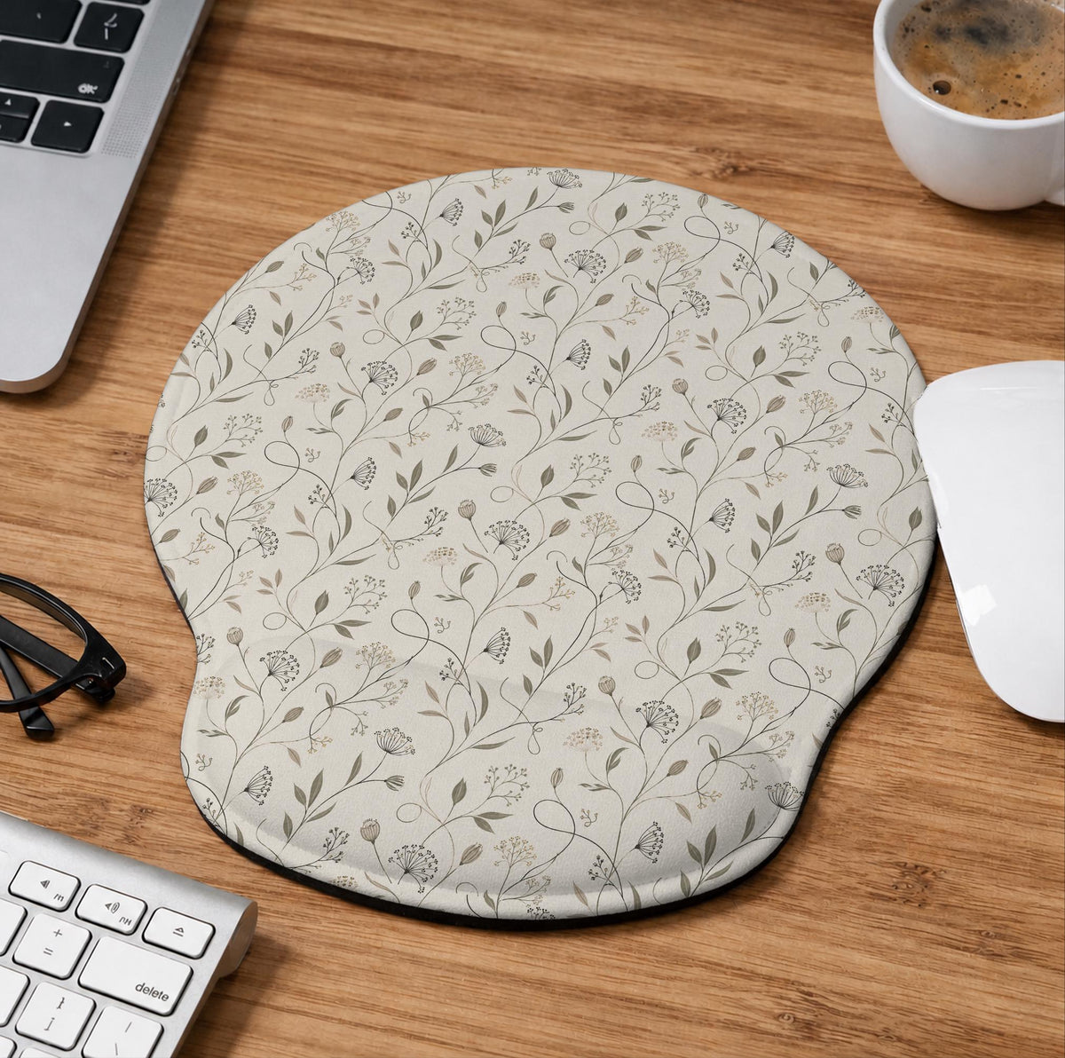 Ivory mouse pad and keyboard wrist rest with delicate wildflower line art in sage, taupe, and cream tones.