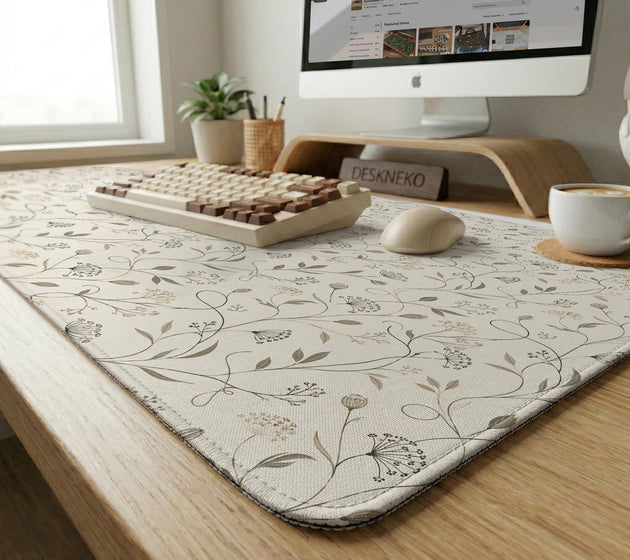 Ivory desk mat with delicate sage and taupe vine and floral artwork on a neutral background.