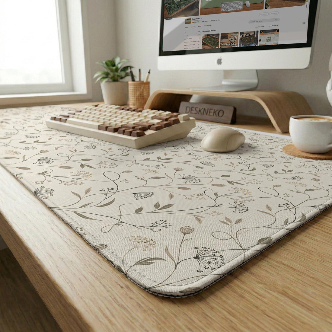 Ivory desk mat with delicate sage and taupe vine and floral artwork on a neutral background.