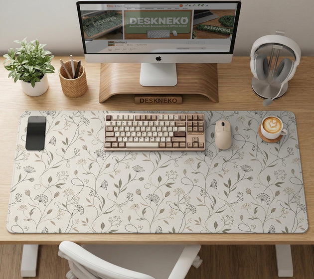 Ivory desk mat with delicate sage and taupe vine and floral artwork on a neutral background.