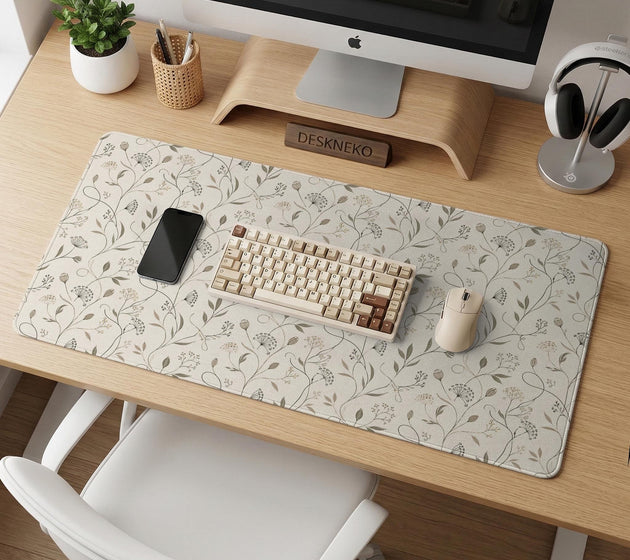 Ivory desk mat with delicate sage and taupe vine and floral artwork on a neutral background.