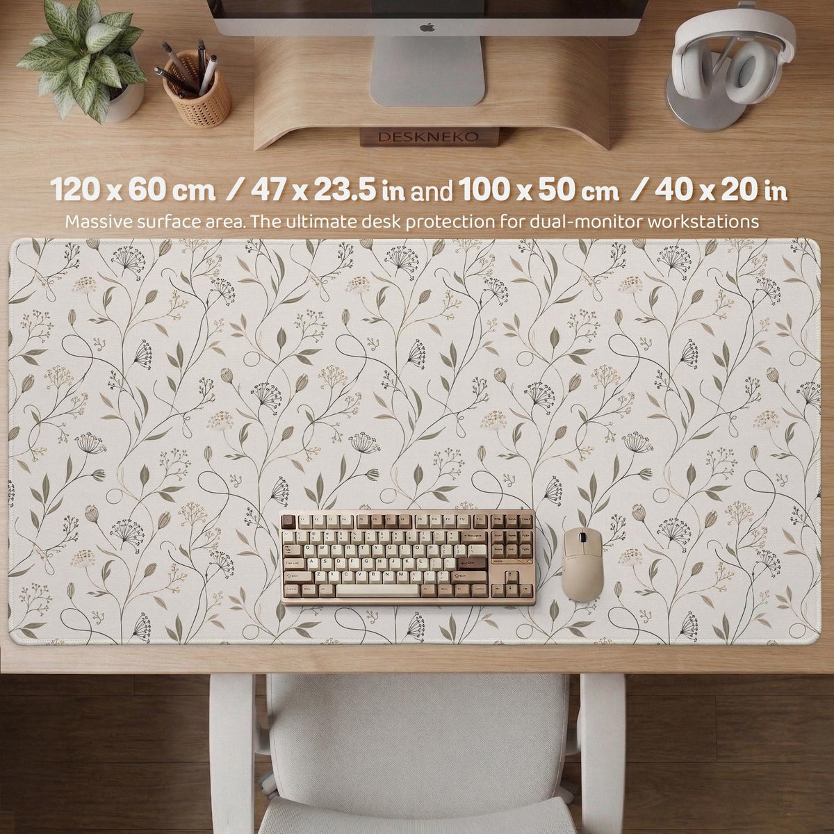 Ivory desk mat with delicate sage and taupe vine and floral artwork on a neutral background.
