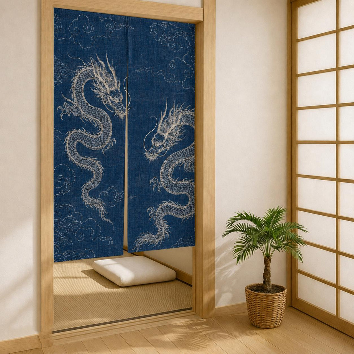 Angled view of the indigo white dragon noren beside a shoji screen, showing natural panel drape.