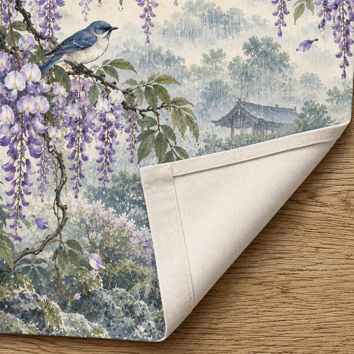 A noren curtain with wisteria blossoms, lilac flowers, blue songbirds, leafy branches, gentle rain, and a misty garden background.
