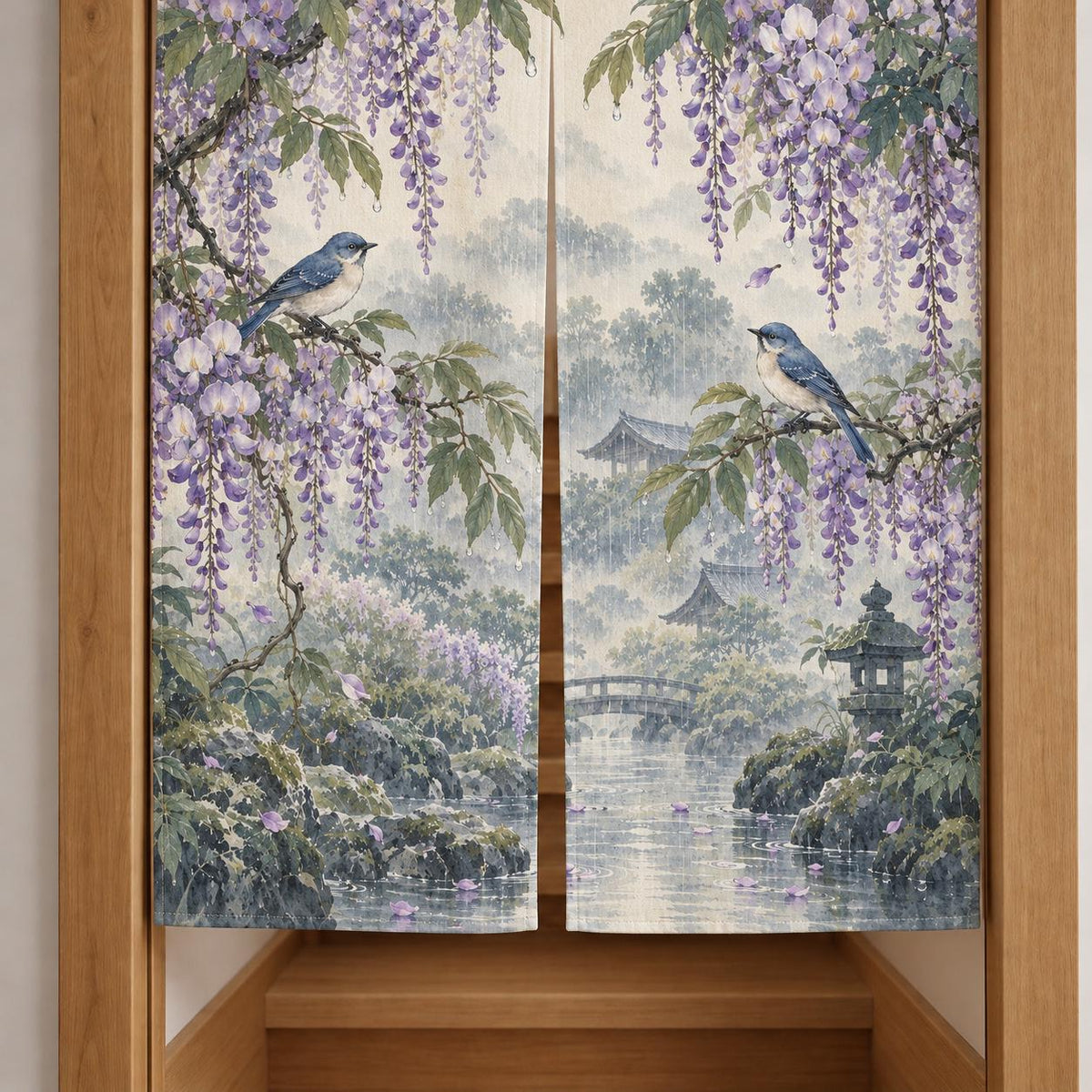 A noren curtain with wisteria blossoms, lilac flowers, blue songbirds, leafy branches, gentle rain, and a misty garden background.