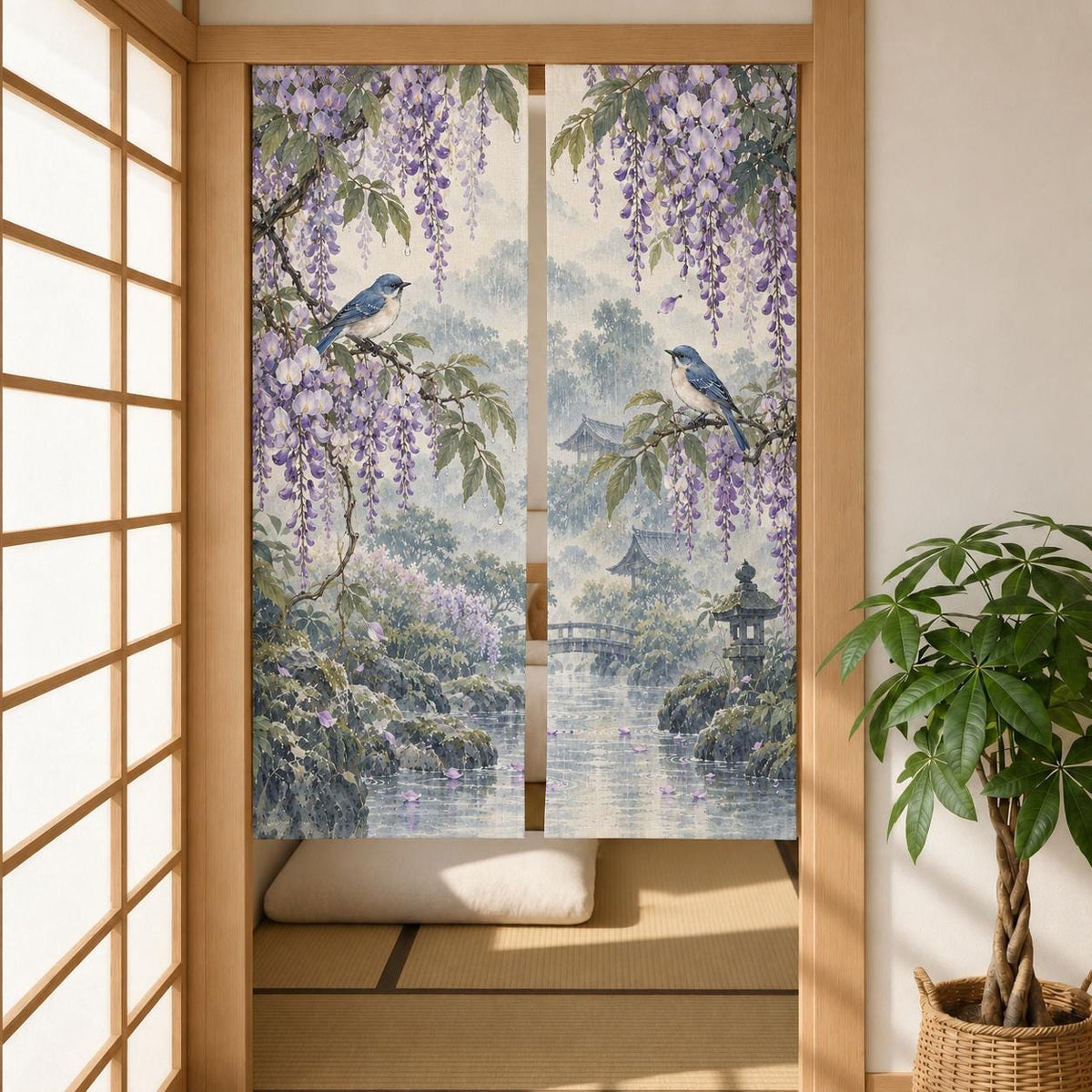 A noren curtain with wisteria blossoms, lilac flowers, blue songbirds, leafy branches, gentle rain, and a misty garden background.