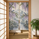 A noren curtain with wisteria blossoms, lilac flowers, blue songbirds, leafy branches, gentle rain, and a misty garden background.