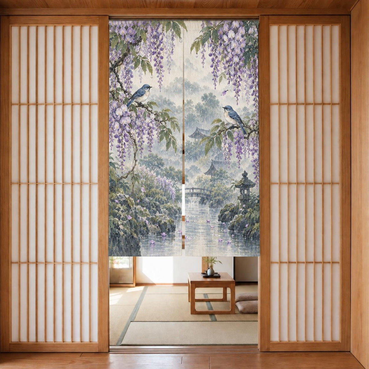 A noren curtain with wisteria blossoms, lilac flowers, blue songbirds, leafy branches, gentle rain, and a misty garden background.