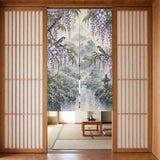 A noren curtain with wisteria blossoms, lilac flowers, blue songbirds, leafy branches, gentle rain, and a misty garden background.