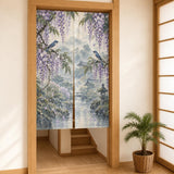 A noren curtain with wisteria blossoms, lilac flowers, blue songbirds, leafy branches, gentle rain, and a misty garden background.