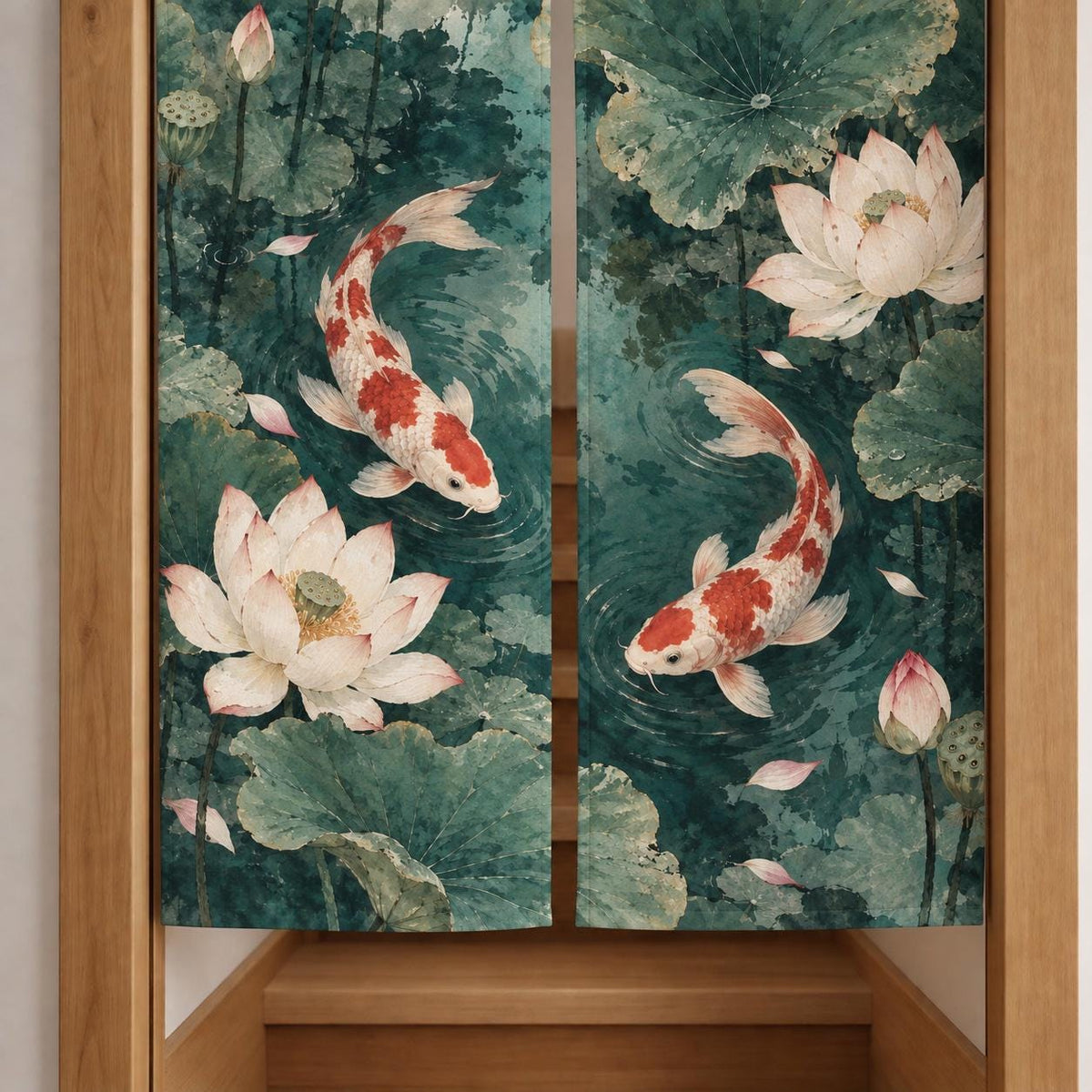 Japanese-style doorway curtain with vermilion and ivory koi fish swimming through a jade lotus pond with broad green leaves, pale blossoms, and ripple details.