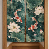 Japanese-style doorway curtain with vermilion and ivory koi fish swimming through a jade lotus pond with broad green leaves, pale blossoms, and ripple details.