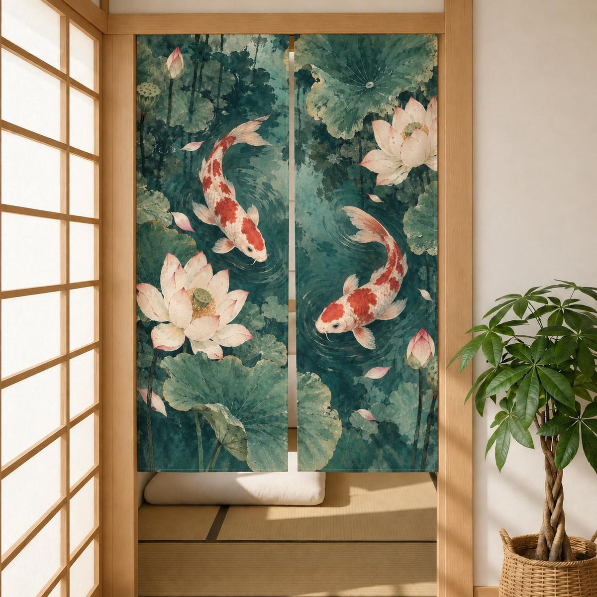 Japanese-style doorway curtain with vermilion and ivory koi fish swimming through a jade lotus pond with broad green leaves, pale blossoms, and ripple details.