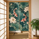 Japanese-style doorway curtain with vermilion and ivory koi fish swimming through a jade lotus pond with broad green leaves, pale blossoms, and ripple details.