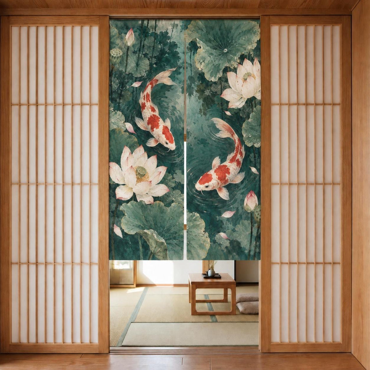 Japanese-style doorway curtain with vermilion and ivory koi fish swimming through a jade lotus pond with broad green leaves, pale blossoms, and ripple details.