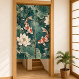 Japanese-style doorway curtain with vermilion and ivory koi fish swimming through a jade lotus pond with broad green leaves, pale blossoms, and ripple details.