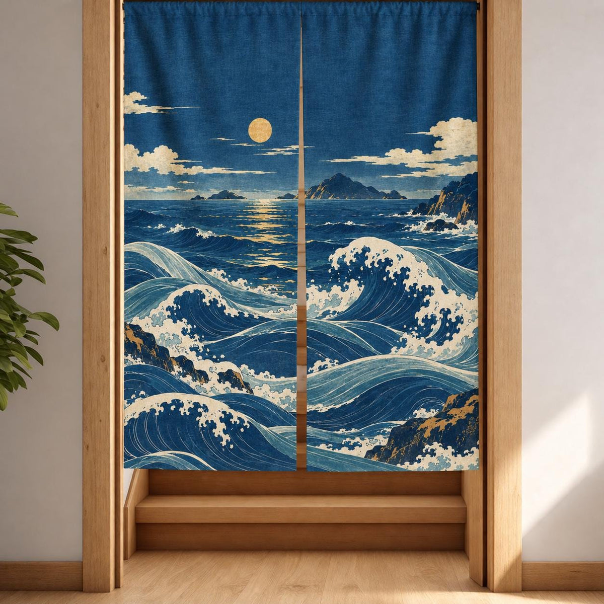 Noren curtain with flowing indigo waves, a small moon, ivory foam, muted aqua water, distant islands, and small ochre printed accents.