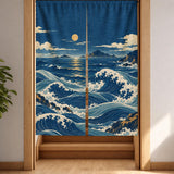 Noren curtain with flowing indigo waves, a small moon, ivory foam, muted aqua water, distant islands, and small ochre printed accents.