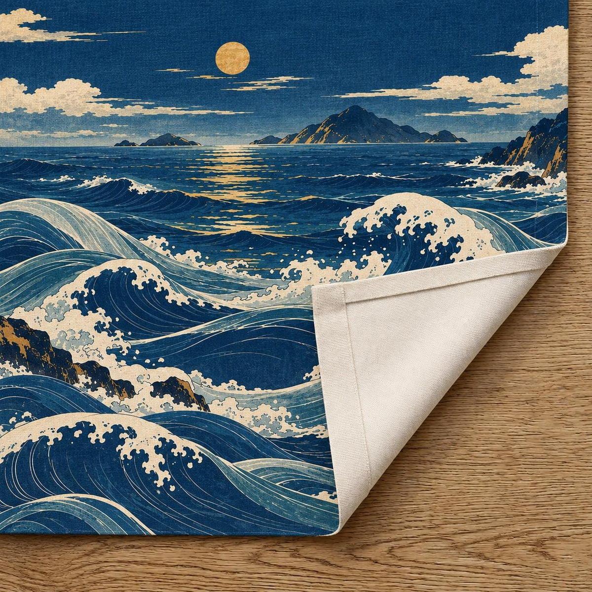 Noren curtain with flowing indigo waves, a small moon, ivory foam, muted aqua water, distant islands, and small ochre printed accents.