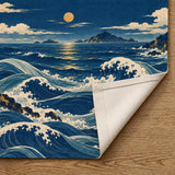 Noren curtain with flowing indigo waves, a small moon, ivory foam, muted aqua water, distant islands, and small ochre printed accents.