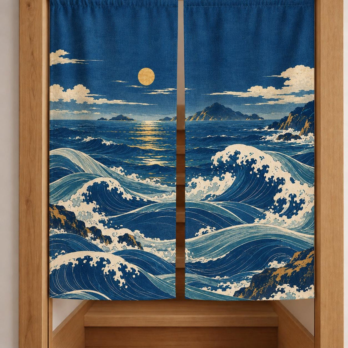 Noren curtain with flowing indigo waves, a small moon, ivory foam, muted aqua water, distant islands, and small ochre printed accents.