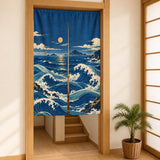 Noren curtain with flowing indigo waves, a small moon, ivory foam, muted aqua water, distant islands, and small ochre printed accents.