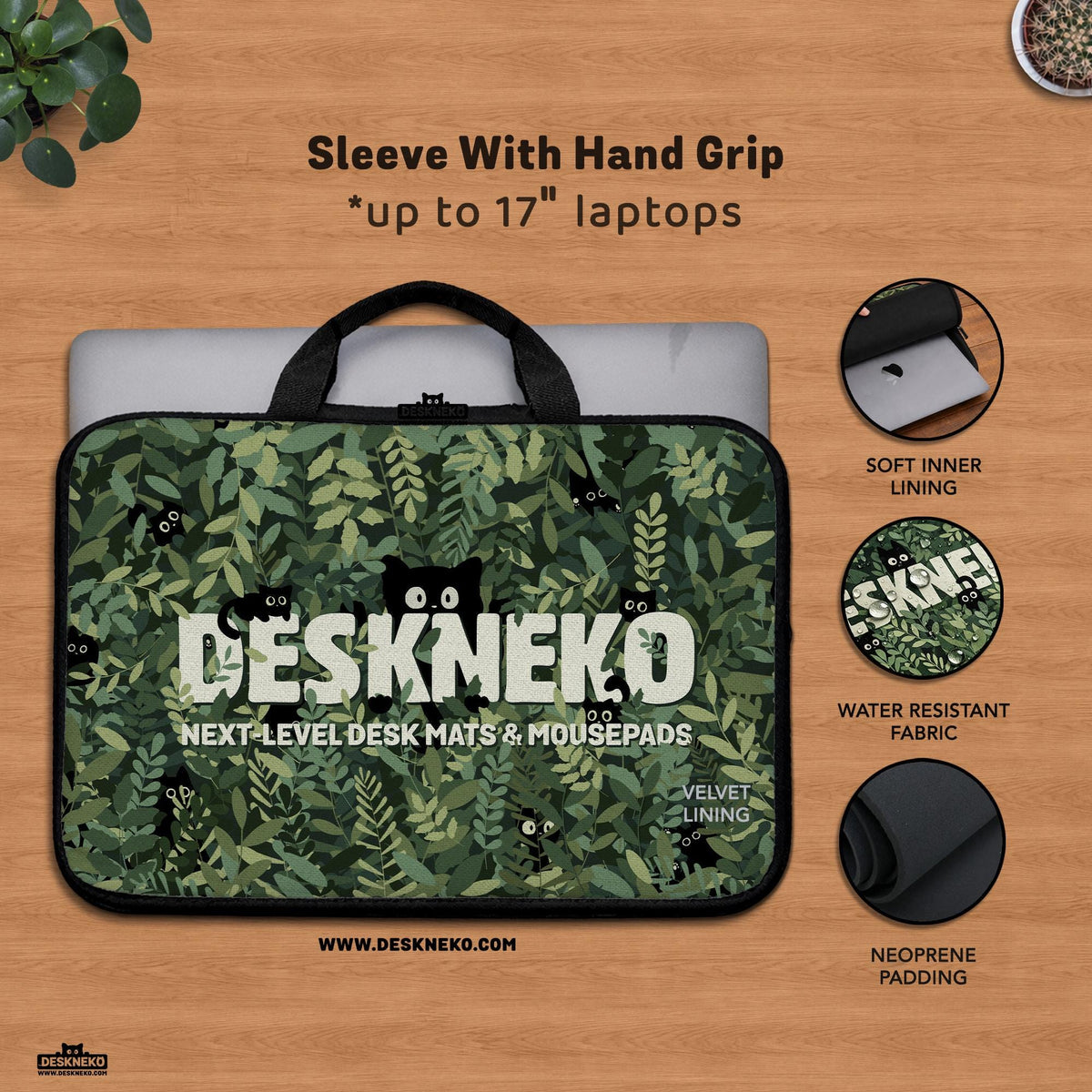 Illustration of a black cat beside stacked books and leafy plants in forest green, brown, and amber tones on a laptop sleeve and shoulder bag design.