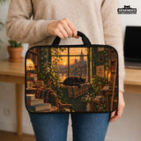 Illustration of a black cat beside stacked books and leafy plants in forest green, brown, and amber tones on a laptop sleeve and shoulder bag design.