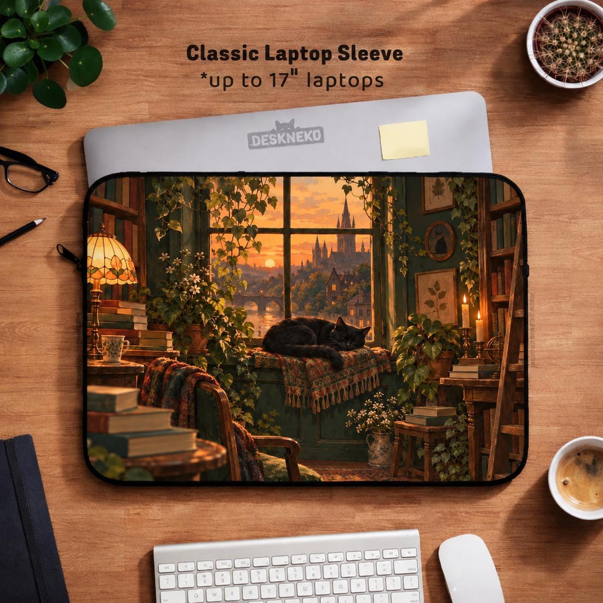 Illustration of a black cat beside stacked books and leafy plants in forest green, brown, and amber tones on a laptop sleeve and shoulder bag design.