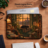Illustration of a black cat beside stacked books and leafy plants in forest green, brown, and amber tones on a laptop sleeve and shoulder bag design.
