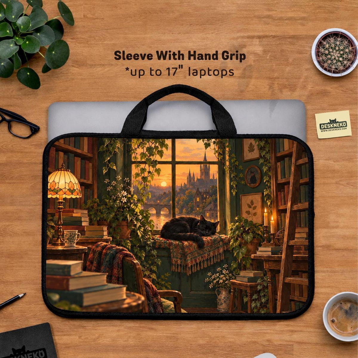 Illustration of a black cat beside stacked books and leafy plants in forest green, brown, and amber tones on a laptop sleeve and shoulder bag design.