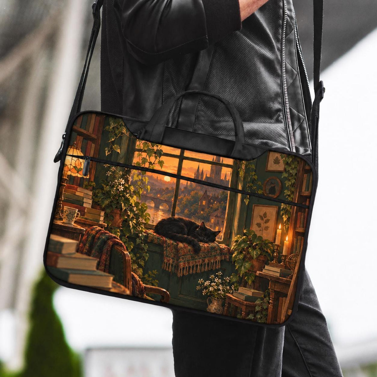 Illustration of a black cat beside stacked books and leafy plants in forest green, brown, and amber tones on a laptop sleeve and shoulder bag design.