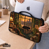Illustration of a black cat beside stacked books and leafy plants in forest green, brown, and amber tones on a laptop sleeve and shoulder bag design.