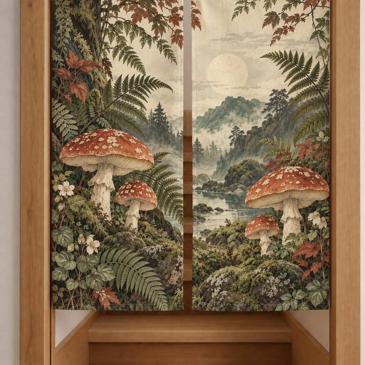 A noren curtain with mushrooms, fern fronds, and mossy stones in moss green, rusty red, warm cream, and deep brown.